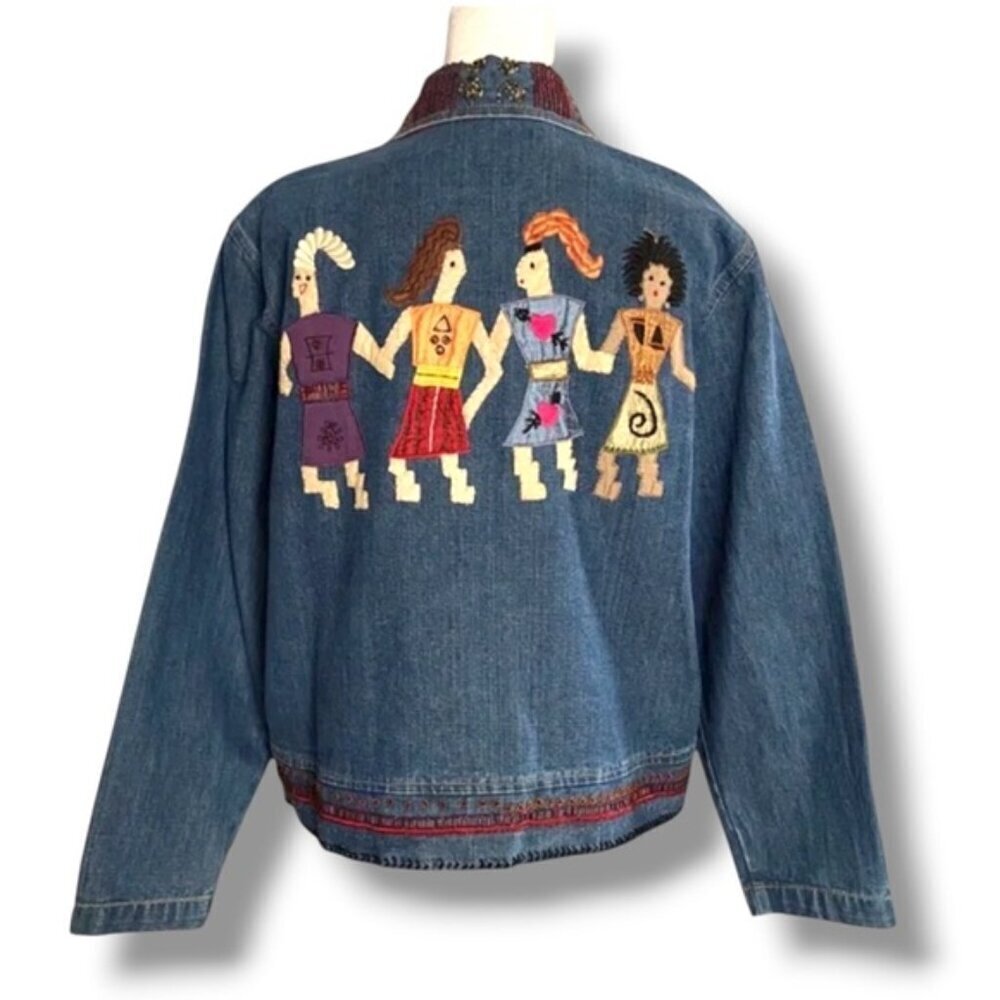 Chico’s Bomber Jacket Friends Beaded Embroidered Appliques Denim Blue Small